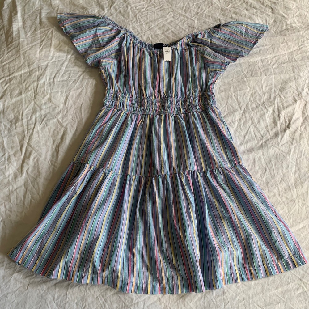 Gap XL Tall Tiered Midi Dress Blue Multi Stripe Smocked Off Shoulder 548483-00-1